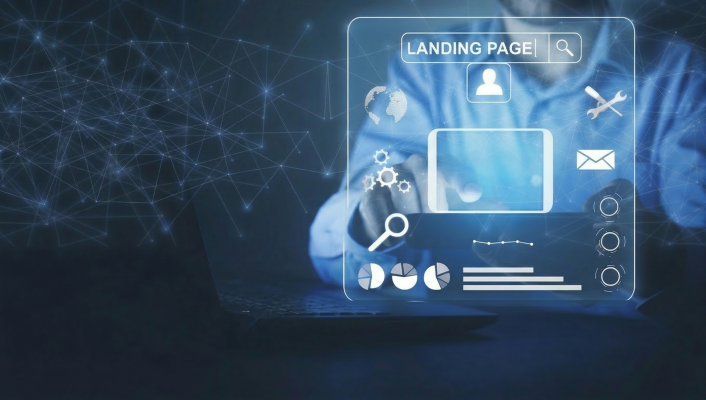 Sviluppatore progetta una landing page attraverso un'interfaccia digitale trasparente con icone e grafici