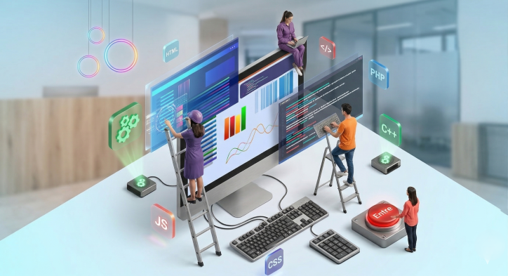 Rappresentazione concettuale di sviluppatori e web designer in miniatura al lavoro sulla grafica e il codice di un computer