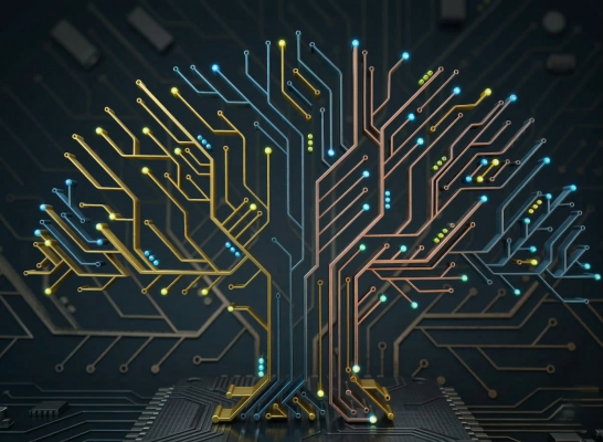 Rappresentazione concettuale di un albero digitale formato da circuiti stampati dorati e azzurri su sfondo tecnologico