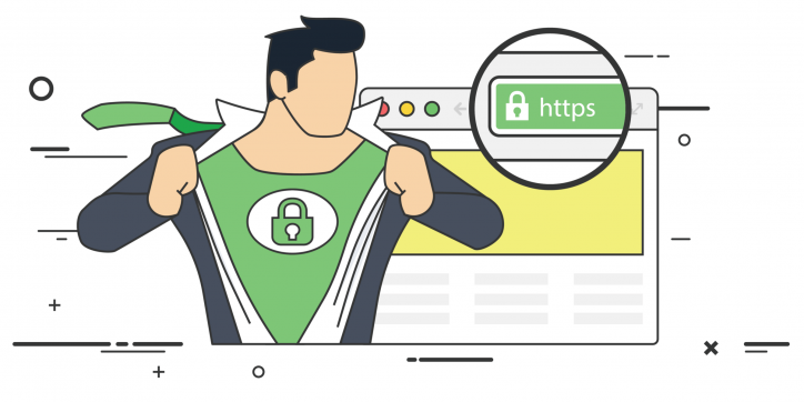 Supereroe che mostra il simbolo di un lucchetto accanto alla barra del browser con protocollo https
